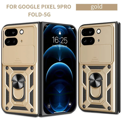 Full Camera Lens Protection Phone Case For Google Pixel 9 Pro Fold 5G Armor Metal Rotating Ring Silicone Soft Back Cover Cases