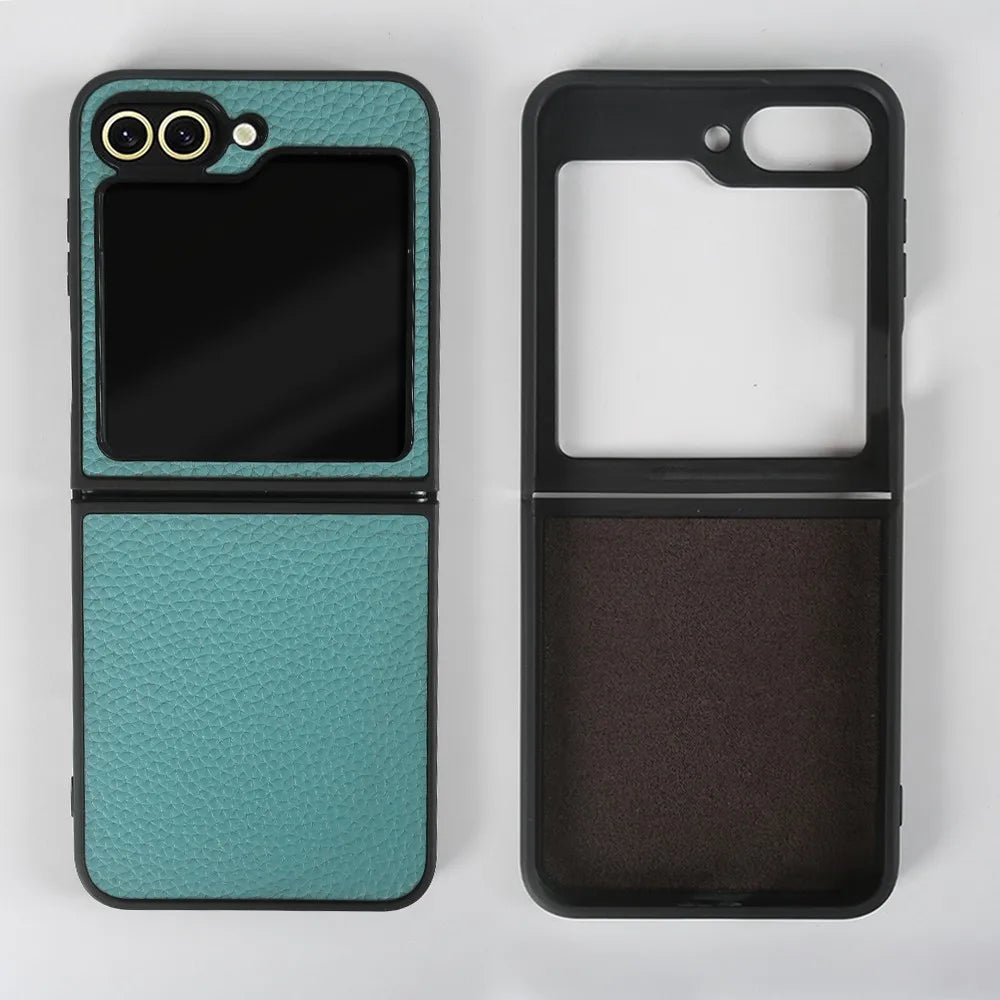 Luxury Genuine Leather Case For Samsung Galaxy Z Flip6 Cases for galaxy Z Flip 6 phone Cover Litchi Pattern Cowhide Coque Shell