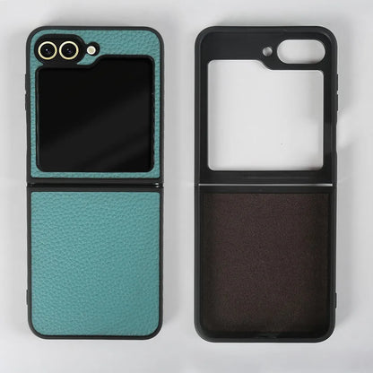 Luxury Genuine Leather Case For Samsung Galaxy Z Flip6 Cases for galaxy Z Flip 6 phone Cover Litchi Pattern Cowhide Coque Shell