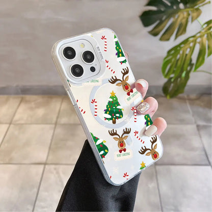 Christmas Pattern Magsafe Magnetic Case for iPhone 11 12 13 14 15 16 Pro Max Plus Soft Silver Plated Anti Fall Cover