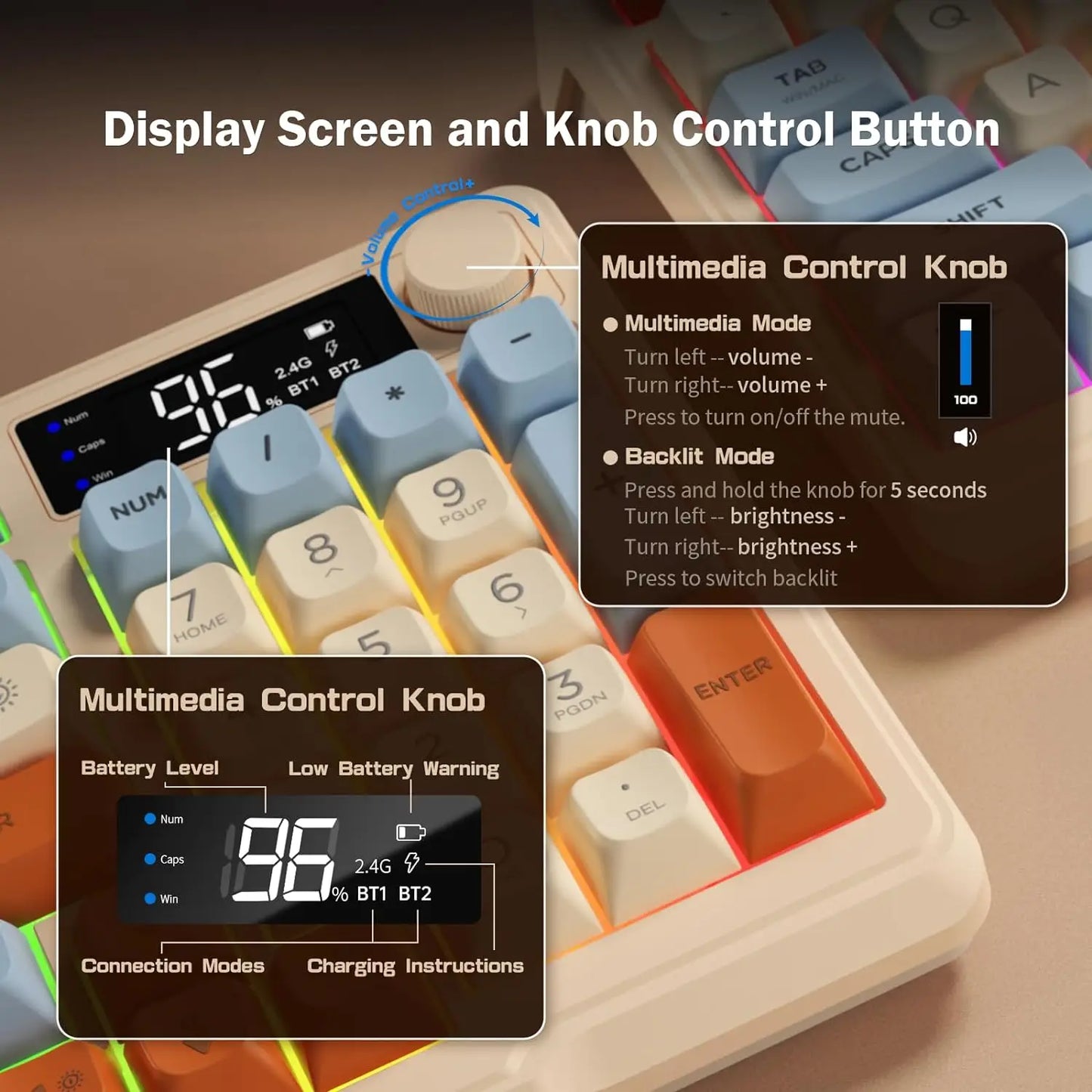 ZIYOU LANG Wireless Gaming Keyboard with Display Screen & Knob, Bluetooth/2.4GHz Quiet Membrane Keyboard, 3000mAh Rechargeable