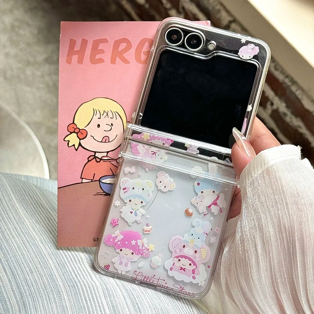 Cute Cartoon Sanrio Hello Kitty Stand Holder Phone Case For Samsung Galaxy Z Flip 7 6 5 4 3 Case Soft TPU Cover With Lanyard