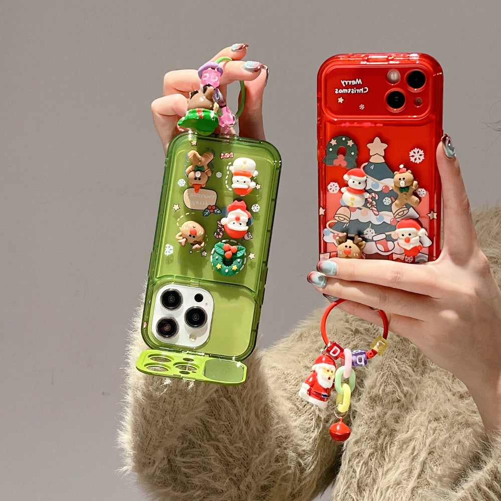Cartoon 3D Christmas Elk Pendant Case For iPhone 17 16 15 14 13 12 11 Pro Max Plus Santa Claus Bell Keychain Stand Holder Cover