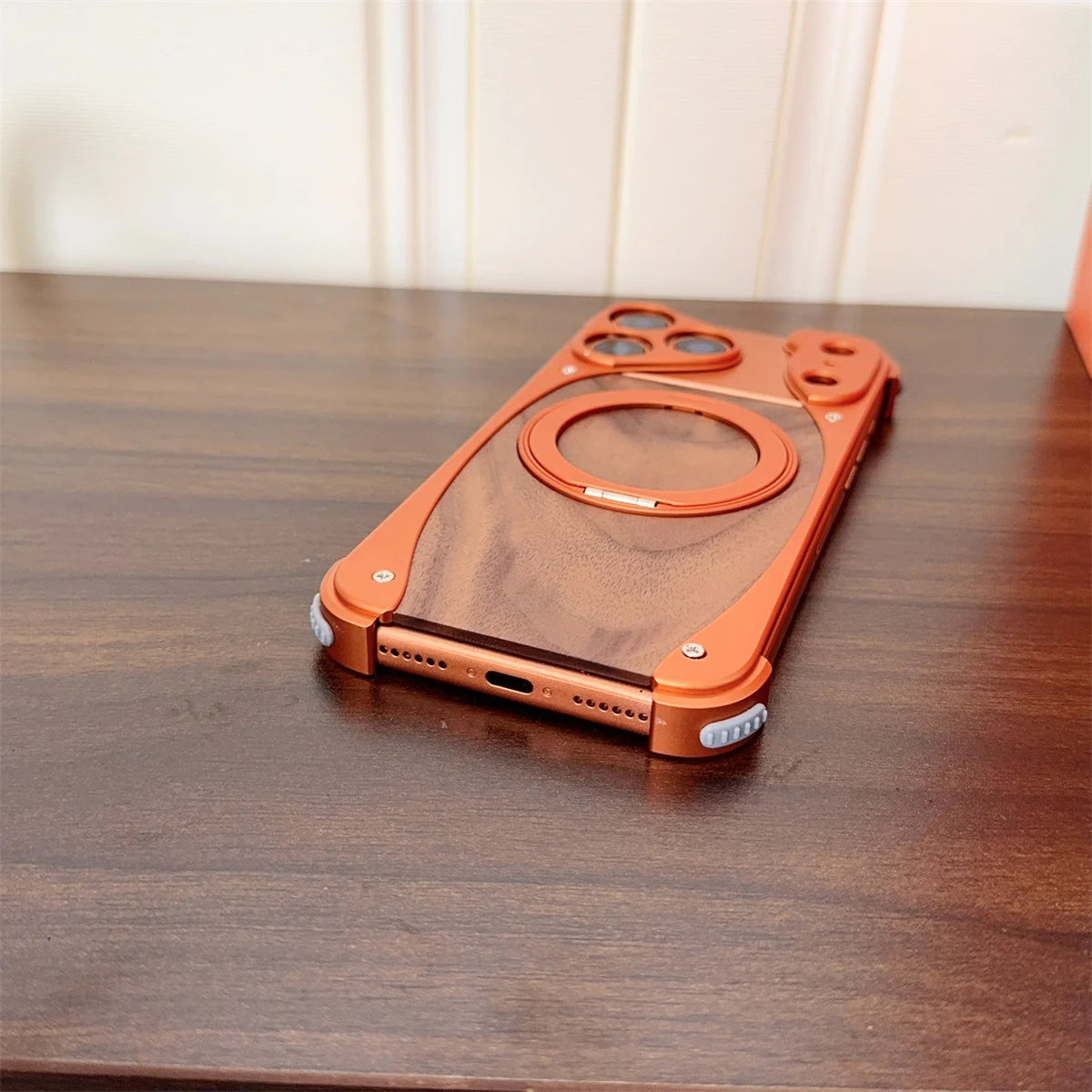 Walnut Wood Metal Aluminum Phone Case For iPhone 17 Pro 17 Pro Max Magnetic Bracket Shockproof Drop-proof Protection Cover