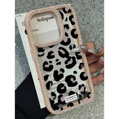Pink Black Leopard Print Diamond Inlaid Frame Plain Case for iPhone 16 15 14 Plus 13 12 11 Pro Max Acrylic Silicone Hard Cover