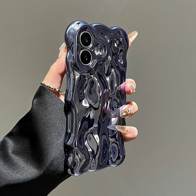 Glossy Wrinkle Plating Wave Border Phone Case for iPhone 16 15 Pro Max Plus 11 12 13 14 Meteorite Pattern Soft Silicone Cover