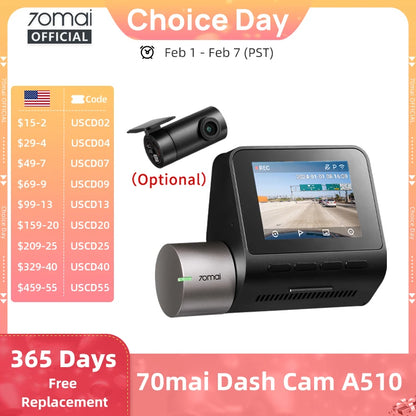 70mai Dash Cam A510 1944P HDR GPS ADAS 4G Connectivity 70mai 4G Front Cam A510 Car DVR 24H Parking Support Rear Cam