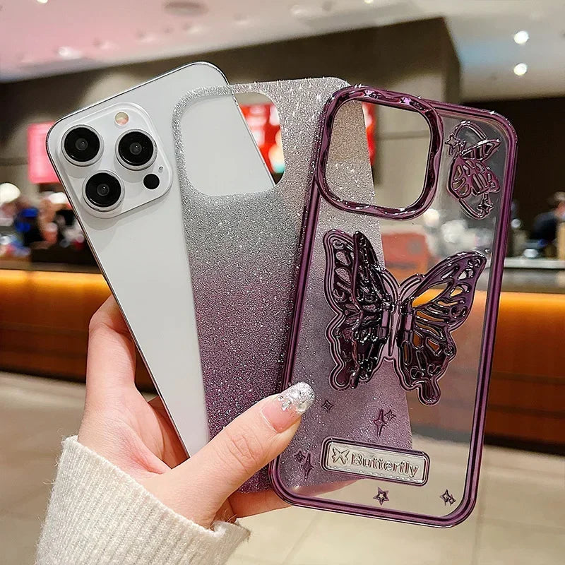 Butterfly Stand Plating Phone Cases For IPhone 16 15 Pro Max 14 13 12 11 Gradient Glitter Protect Shockproof Back Cover