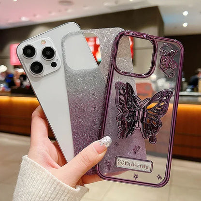 Butterfly Stand Plating Phone Cases For IPhone 16 15 Pro Max 14 13 12 11 Gradient Glitter Protect Shockproof Back Cover