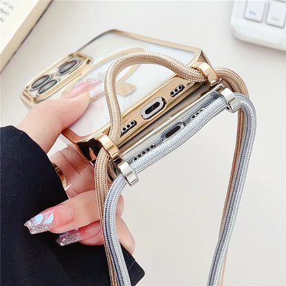 Luxury Necklace Cord Rope Lanyard Plating Magnetic Clear Phone Case For iPhone 16 14 11 12 13 15 Pro Max For Magsafe Soft Coverd
