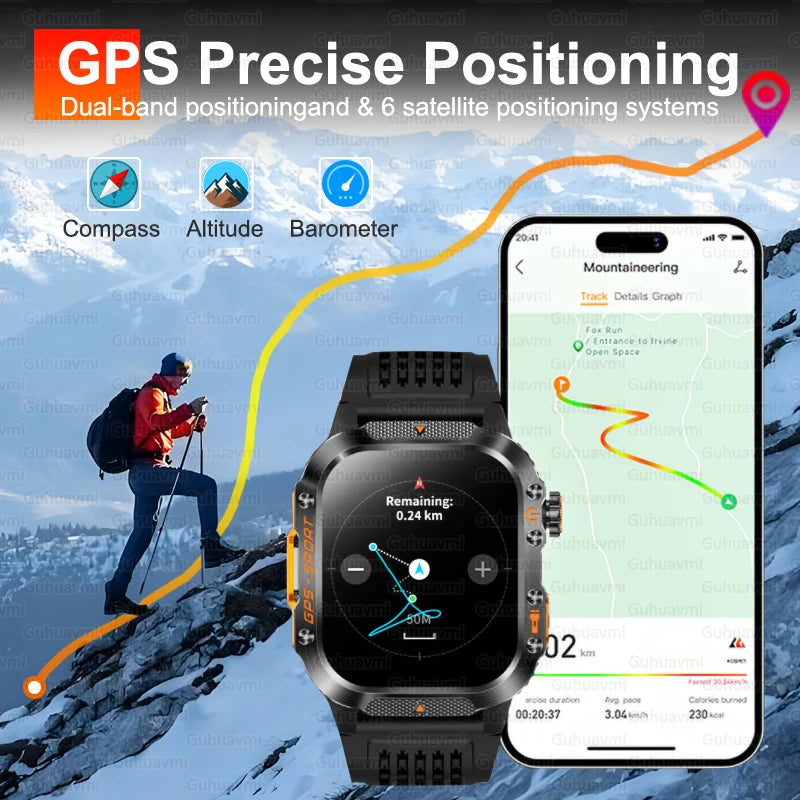 2025New GPS Smart Watch For Xiaomi IOS Military Compass Flashlight Smartwatch Men 10ATM Waterproof 100+Sport Modes BT Call Watch