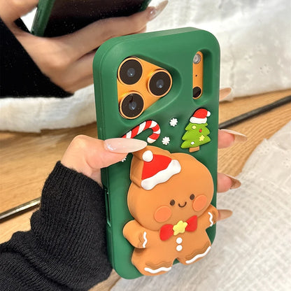 Cartoon Cute Christmas Gingerbread Man Bracket Silicone Phone Case For iPhone 17 Pro Max Air 16 15 14 13 Holder Stand Back Cover