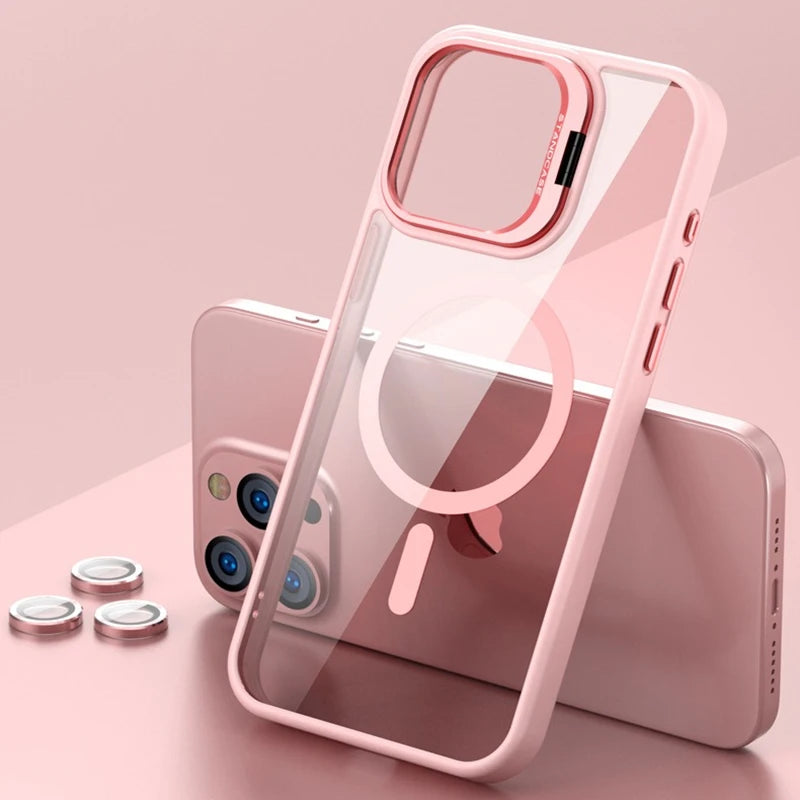 Fashion Magnetic Stand Case for iPhone 16 15 14 Plus 13 12 11 Pro Max Case for Magsafe Wireless Charge With Lens Protector Cover