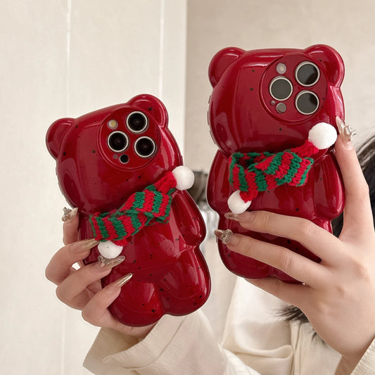 Merry Christmas 3D Cute Bear Shaped Winter Scarf Phone Case for iPhone 12 13 14 15 16 Pro Max Red New Year Soft Cover Xmas Gifts