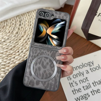 Leopard Print PU Leather Phone Case for Samsung Galaxy Z Flip 7 6 Z Flip 5 4 3 Z Fold 6 5 4 Magnetic Wireless Charging Case