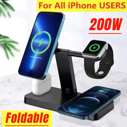 200W 4 In 1 Wireless Charger Stand Induction Super Fast Charging For Magsafe iPhone 16 15 14 13 Pro Max Apple Watch Airpods Pro