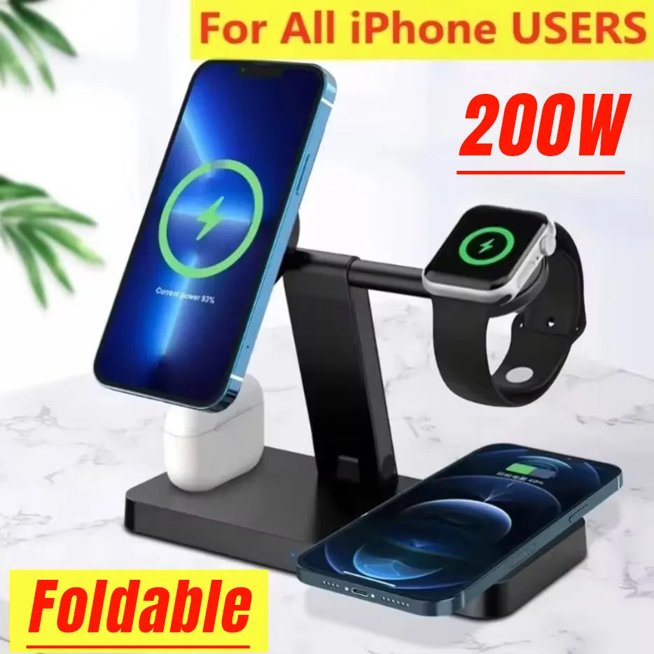 200W 4 In 1 Wireless Charger Stand Induction Super Fast Charging For Magsafe iPhone 16 15 14 13 Pro Max Apple Watch Airpods Pro