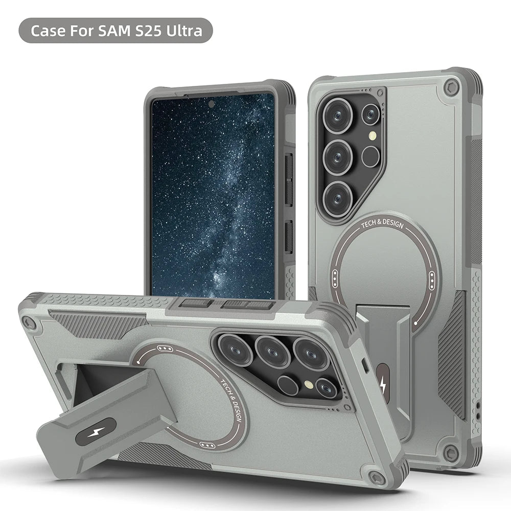 Fold Stand Holder Magnetic Armor Case For Samsung S25 Ultra S24 Plus Wireless Charging Invisible Bracket Shockproof Hard Cover