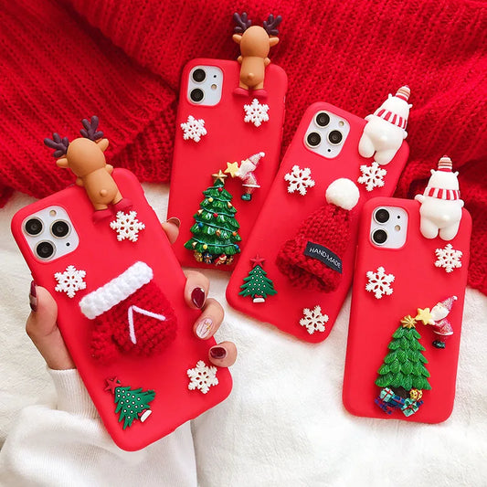 3D Santa Claus Christmas Tree Gloves Case For iPhone 16 13 12 15 14 Pro Max 13 12 Mini 14 16 15 Pro 16E SE4 Snowflake Elk Cover