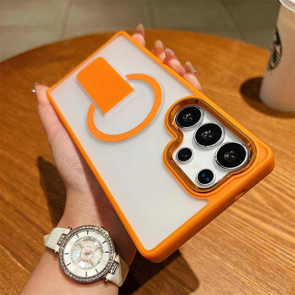 Luxury Fold For Magsafe Magnetic Stand Phone Case For Samsung S25 Edge Plus S23 S24 Ultra Plating Lens Frame Matte Frosted Cover