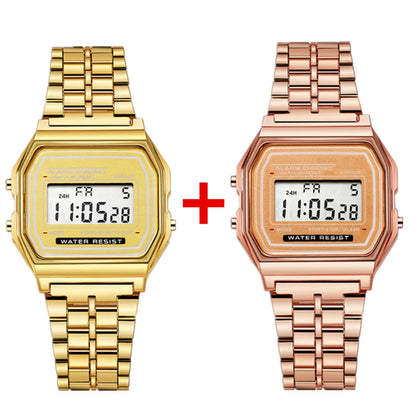 2Pcs Fashion Digital Men's Watches Gold Luxury Stainless Steel Link Bracelet Wrist Watch Band Business Electronic Male Clock