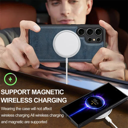 Magnetic MagSafe Pu Leather Phone Case for Samsung Galaxy S25 Edge S24 Ultra S23 FE S22 Plus S21 S20 A17 Wireless Charging Cover