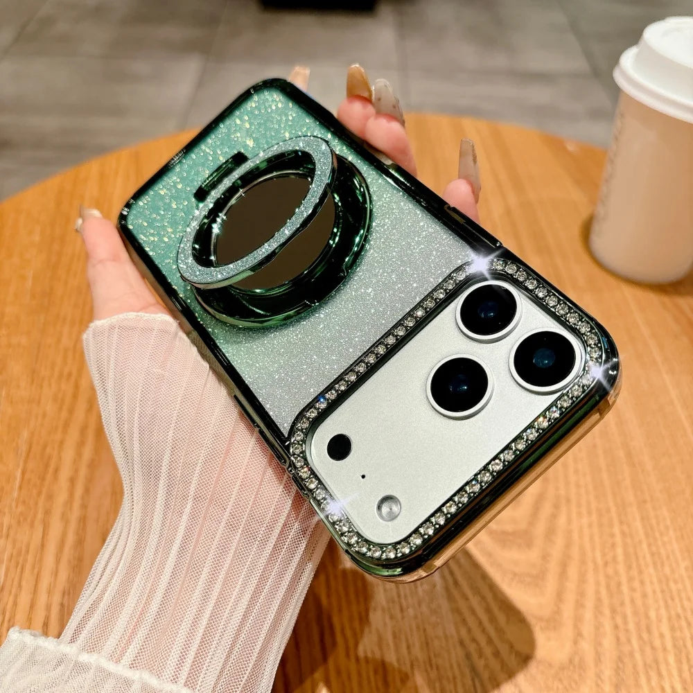Luxury Diamonds Mirror Bracket Magsafe Case For iPhone Air 17 Pro 16 15 14 13 12 11 Pro Max Plus Gradient Glitter Magnetic Cover