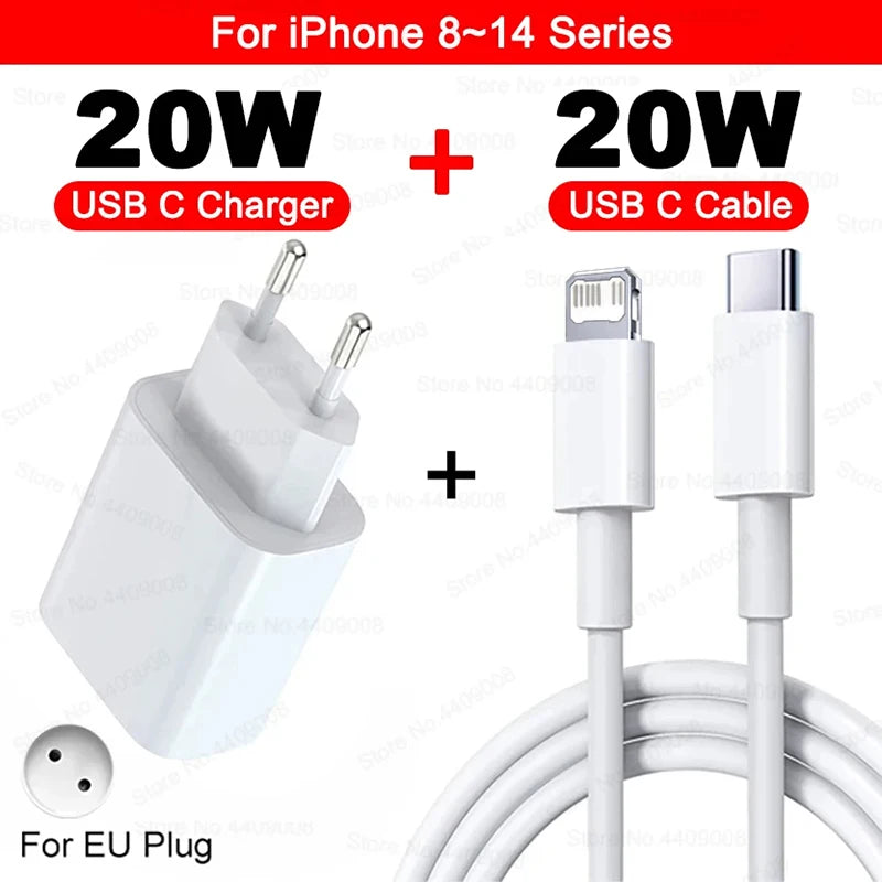 US EU Adapter 20W PD Fast Charger For iPhone 13 12 11 14 15 16 Pro Max Plus Fast Charging USB C Charger Type C Cable Accessories