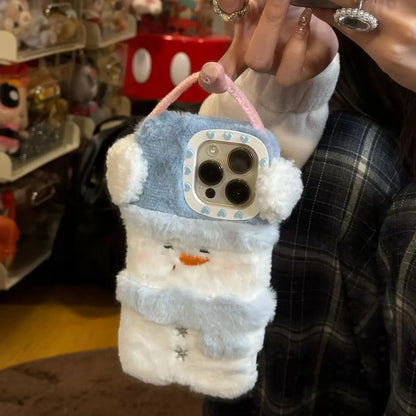 Winter Plush Snowman Christmas Case For iPhone 16 15 14 12 13 Pro Max 11 Plush Warm Cartoon Soft Shockproof Cover for iPhone16