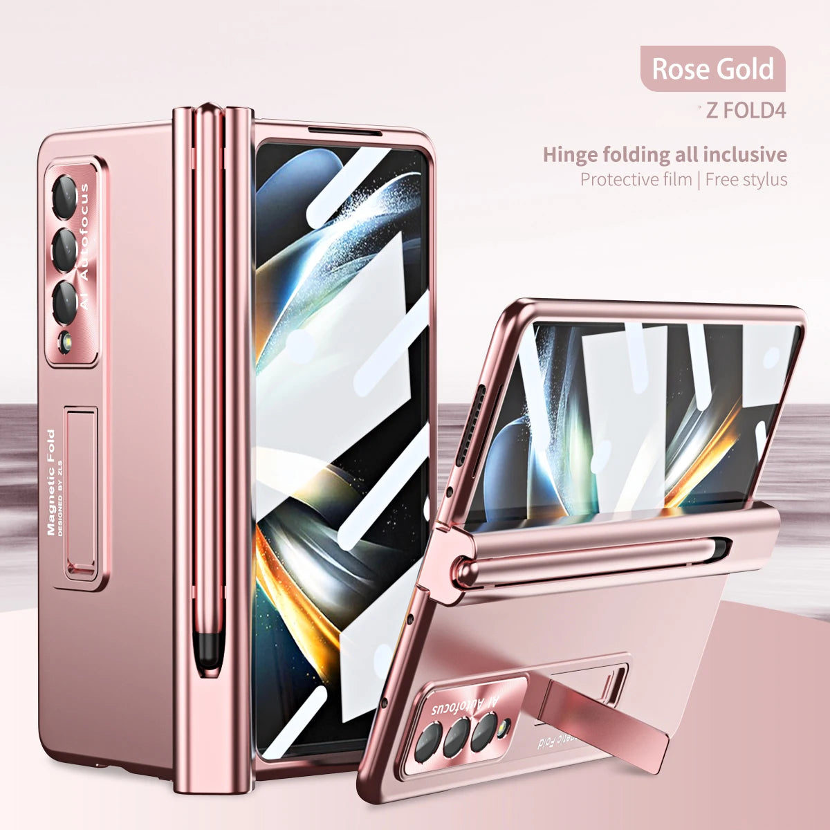 Plating Clear Hinge Magnetic Case For Samsung Galaxy Z Fold 4 5 with Pen Holder Full Screen Protector Phone Cover Fold 7 6 3 5G