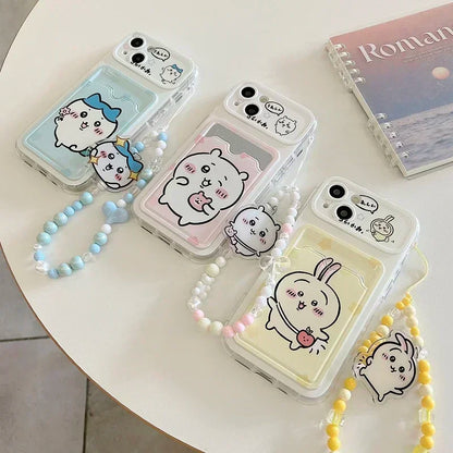 Cute Cartoon Japan Anime Chiikawa Card Wallet Pocket Phone Case For iPhone 16 15 14 13 12 11 Pro Max Cover With Lanyard