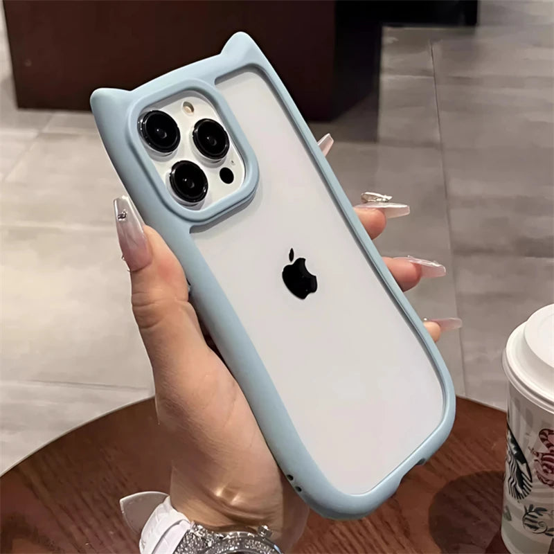 Cute 3D Cat Ear Kawaii Transparent Case For iPhone 16 15 14 13 12 Pro 11 Max Candy Color Shockproof Acrylic Clear Hard Cover