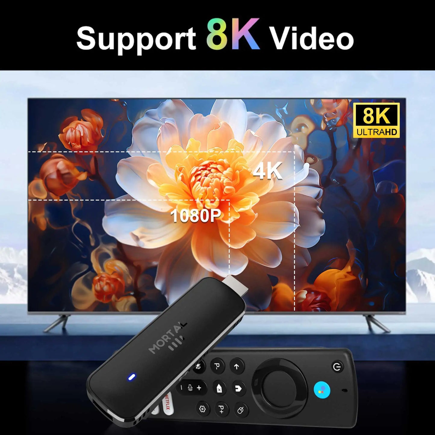 Mortal Q8 Android14 TV stick WIFI6 Voice Control TV stick  8K video Allwinner H313 Netflix YouTube Tv box Free Live TV Streaming