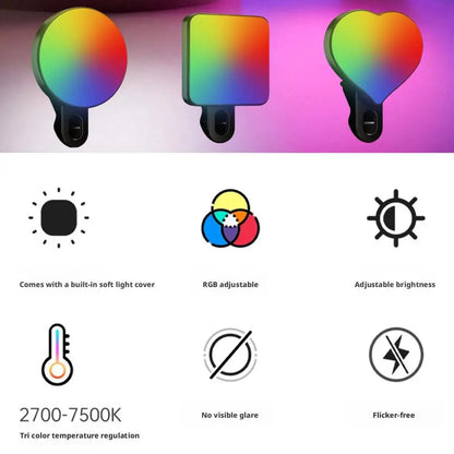 RGB Clip-On Selfie Ring Light with 3 Color Temperatures, Portable Makeup Lighting for Live Streaming, Photography, Video Calls