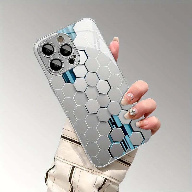 Silver Gradient Honeycomb Pattern Glass Electroplated Phone Case For iPhone 17 16 15 Pro Max 14 Plus 13 12 11 16E 17 Air Cover
