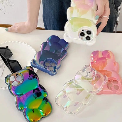 Ins Cute 3D Aurora Cartoon Bear Case For iPhone 11 13 12 14 15 16 Pro Max 16 Plus Colorful Laser Rainbow Gradient Soft Cover