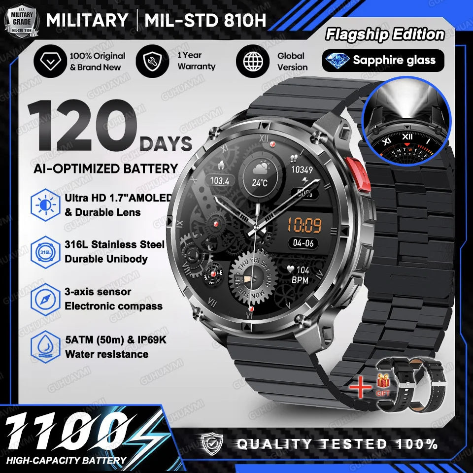 2026 New T-Rex 3 Ultra 1100mAh Military Smart Watch Men 5ATM Waterproof 1.7" AMOLED Screen Bluetooth Call Compass LED Flashlight