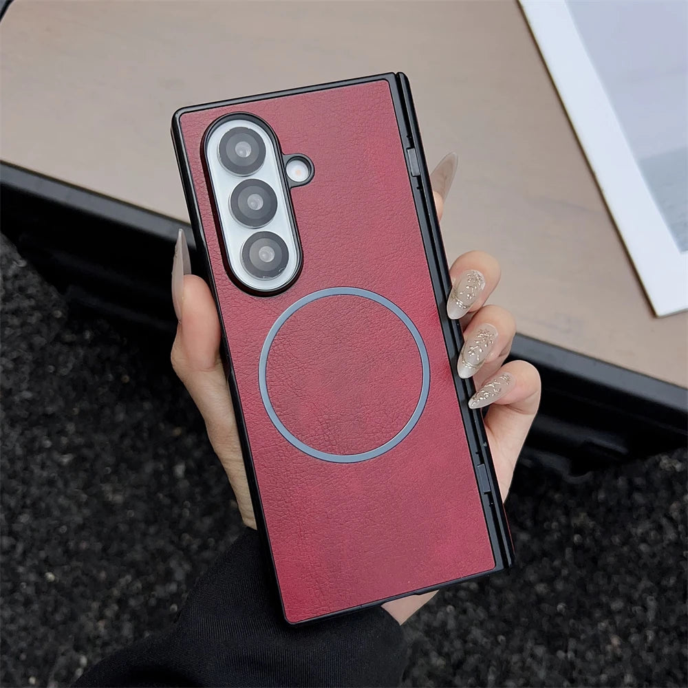 For Samsung Galaxy Z Fold 7 5 4 3 Case Leather Pattern For Magsafe Magnetic Case For Galaxy Z Fold6 Fold7 Wireless Charge Cover