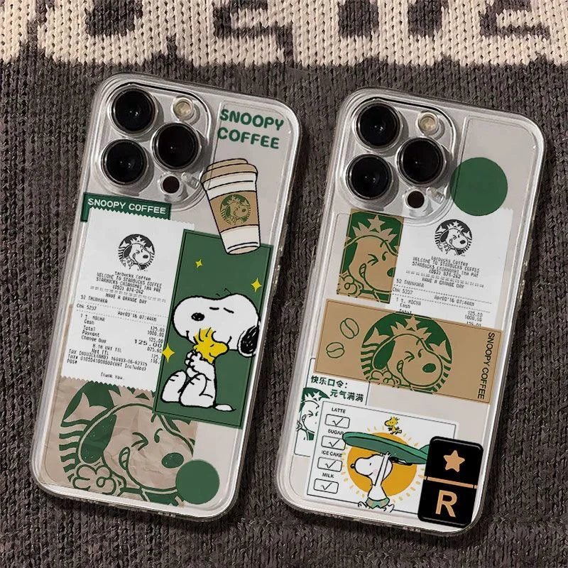 Funny Cartoon Cute Snoopy coffee Clear TPU Phone Case For iPhone 11 12 13 14 15 16 Pro Max 16 Plus Lovely Snoopy Anti-Fall Cover