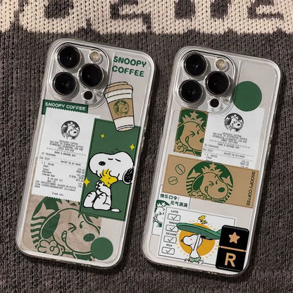 Funny Cartoon Cute Snoopy coffee Clear TPU Phone Case For iPhone 11 12 13 14 15 16 Pro Max 16 Plus Lovely Snoopy Anti-Fall Cover