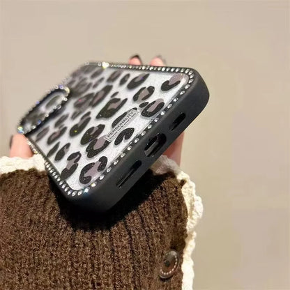 Pink Black Leopard Print Diamond Inlaid Frame Plain Case for iPhone 16 15 14 Plus 13 12 11 Pro Max Acrylic Silicone Hard Cover
