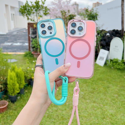 Fashion Laser Gradient Magnetic Lanyard Shockproof Case for iPhone 17 Air 16 15 14 13 11 12 Pro Max Plus E For Magsafe Cover