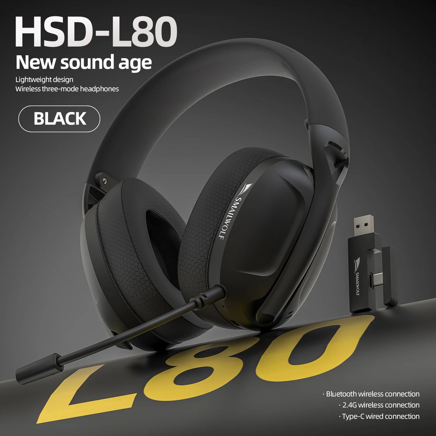 SmailWolf-L80 Bluetooth wireless three-mode headphones headset lightweight headset 2.4G gaming headsets sports bass