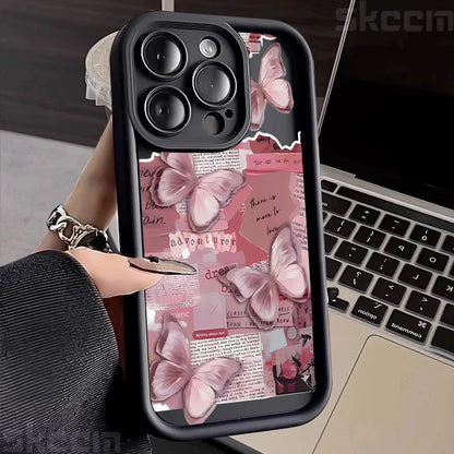 Pink Cute Butterfly Silicone Soft Phone Case For iPhone 16 16E 15 14 13 12 11 Pro Max XS XR X 7 8 Plus Shockproof Candy Cover