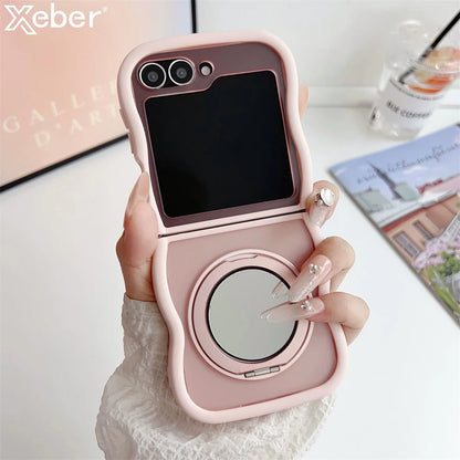 Matte Wave Magnetic Stand Phone Case For Samsung Z Flip 7 6 5 4 3 flip6 zflip6 flip5 Luxury Rotation Fold Bracket Frosted Cover