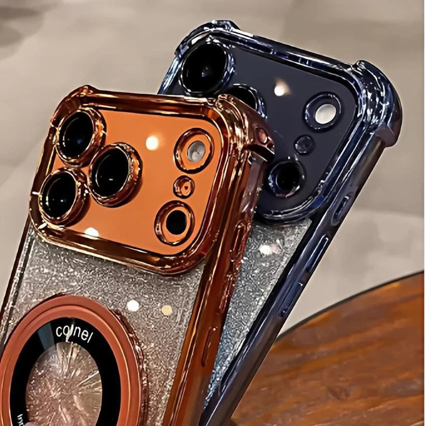 Plating for Magsafe Glitter Bracket Case for iPhone 17 16 15 Pro Max 14 Plus Air 11 12 13 Gradient Stand Airbag Shockproof Cover