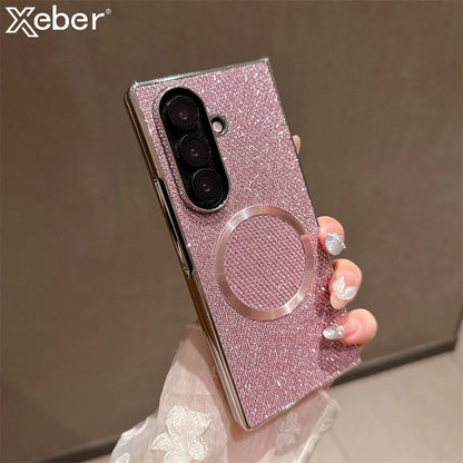 Luxury Magnet Magnetic Mini Diamond Glitter Phone Case For Samsung Z Fold 7 6 5 4 3 For Magsafe Wireless Charging Plating Cover