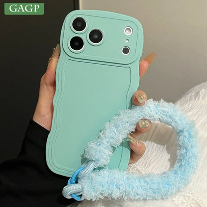 Liquid Silicone Plush Wrist Strap Case For iPhone 17 16E 15 14 13 12 11 Pro Max Plus 6 7 X XR XSMAX Anti-Slip Soft Bumper Cover