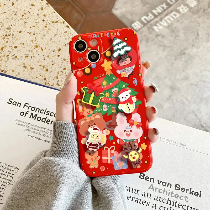 3D Christmas Tree Santa Claus Case For iPhone 14 12 13 11 15 Pro Max 12 13 Mini 7 8 Plus XS Max X XR SE Gift Socks Red Tpu Cover