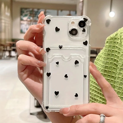Case For iPhone 16 15 14 13 12 11 Pro Max Black White Love Heart Clear Phone Cover For iPhone XS X 7 8 Plus Wallet Card Bag Case